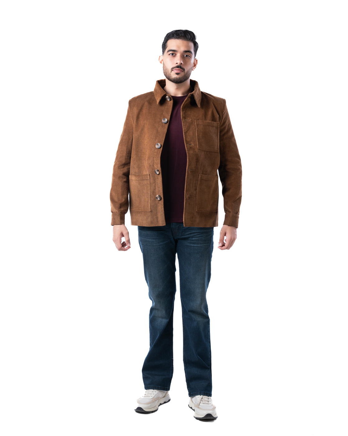 Men’s Brown Cotton Biker Jacket with Cutaway Collar