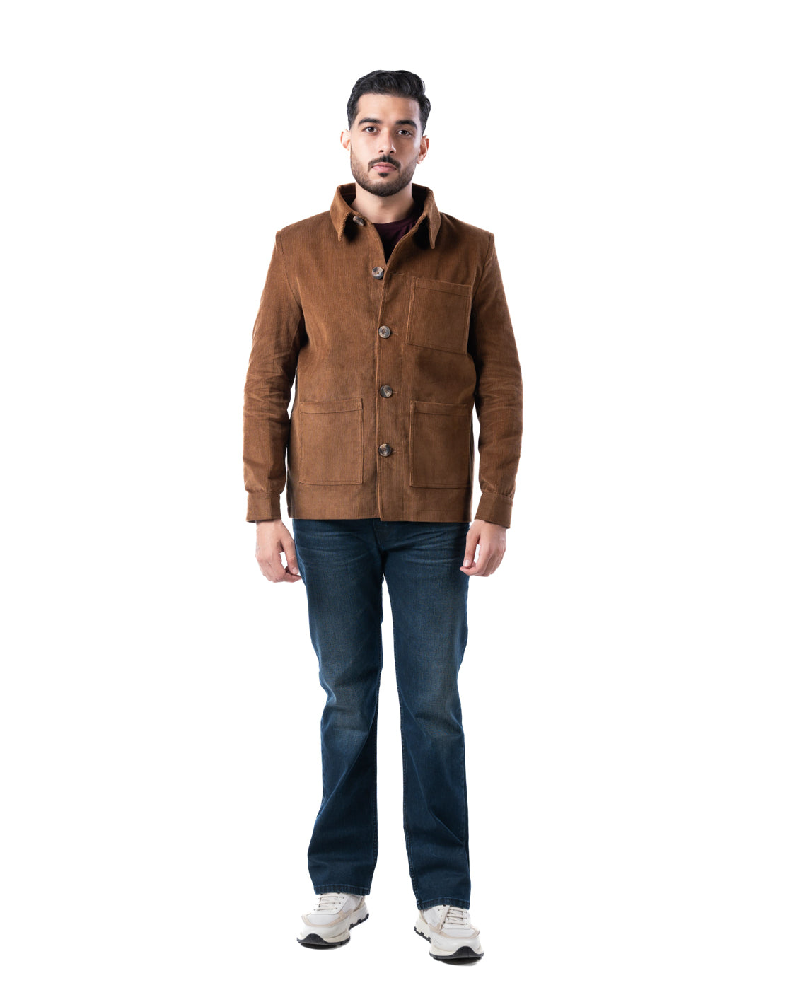 Men’s Brown Cotton Biker Jacket with Cutaway Collar