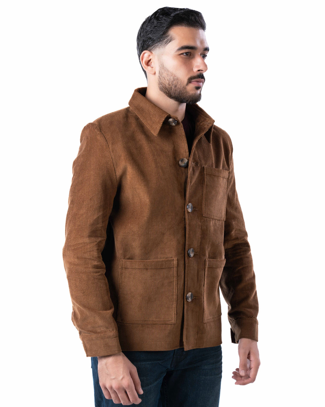 Men’s Brown Cotton Biker Jacket with Cutaway Collar