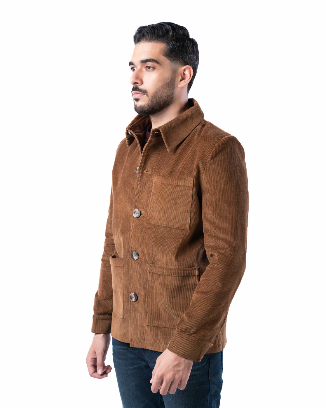 Men’s Brown Cotton Biker Jacket with Cutaway Collar