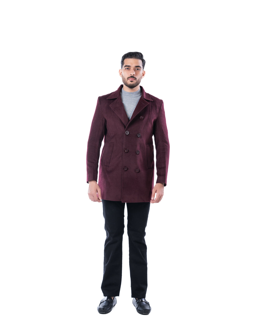 Men’s Wine Double-Breasted Polyester Blazer with Notched Lapel & Horn Buttons