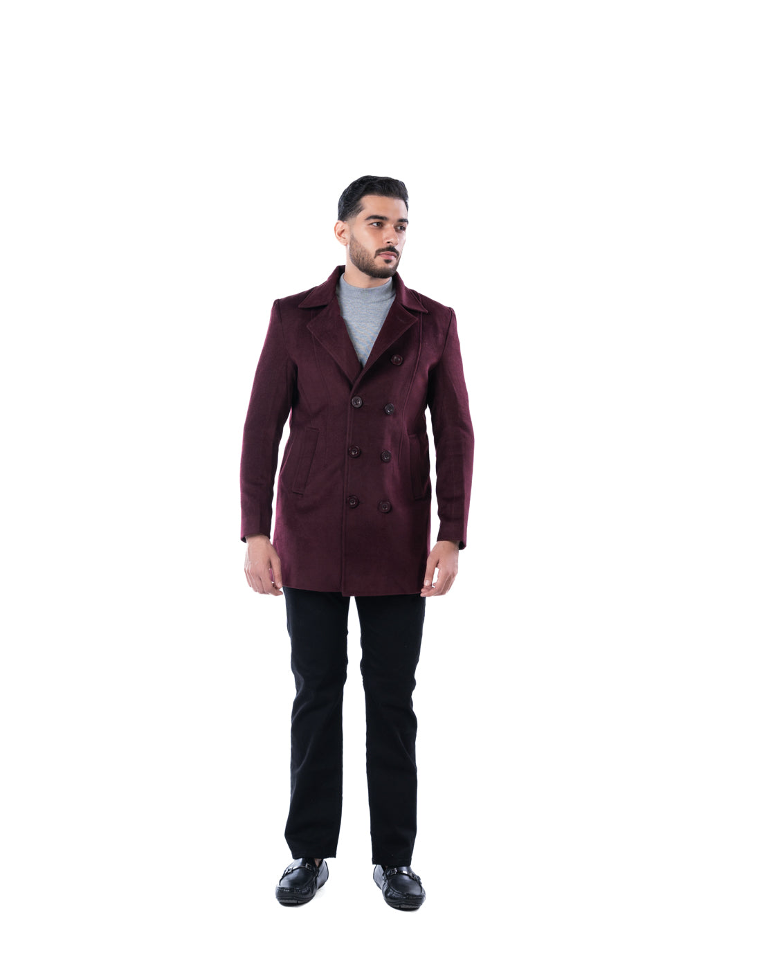 Men’s Wine Double-Breasted Polyester Blazer with Notched Lapel & Horn Buttons