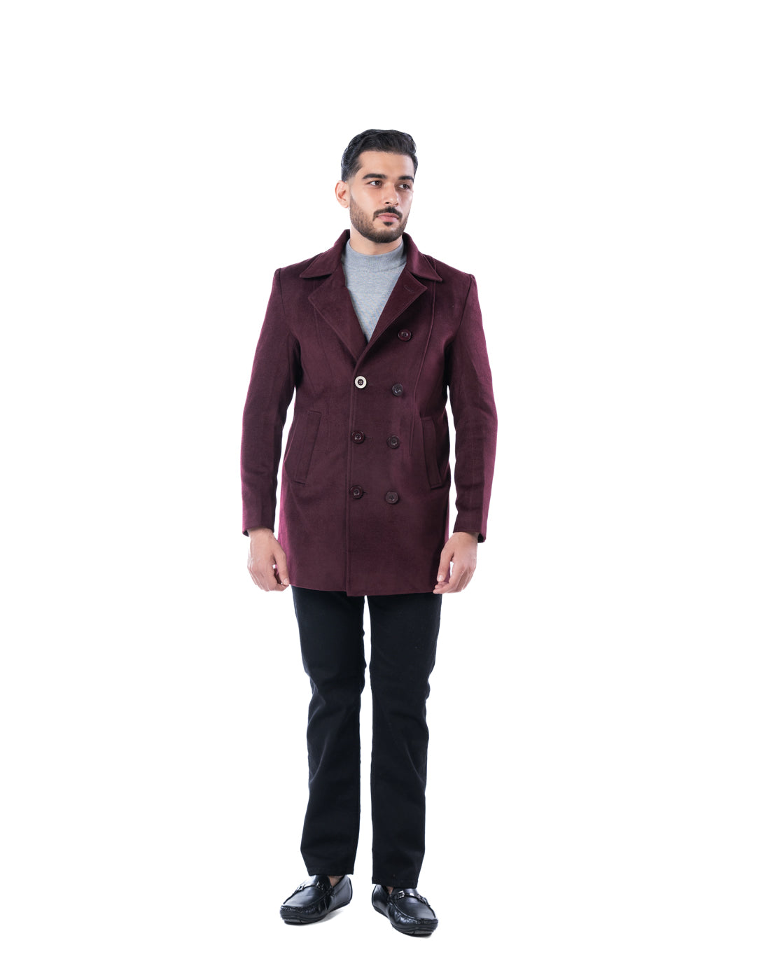Men’s Wine Double-Breasted Polyester Blazer with Notched Lapel & Horn Buttons