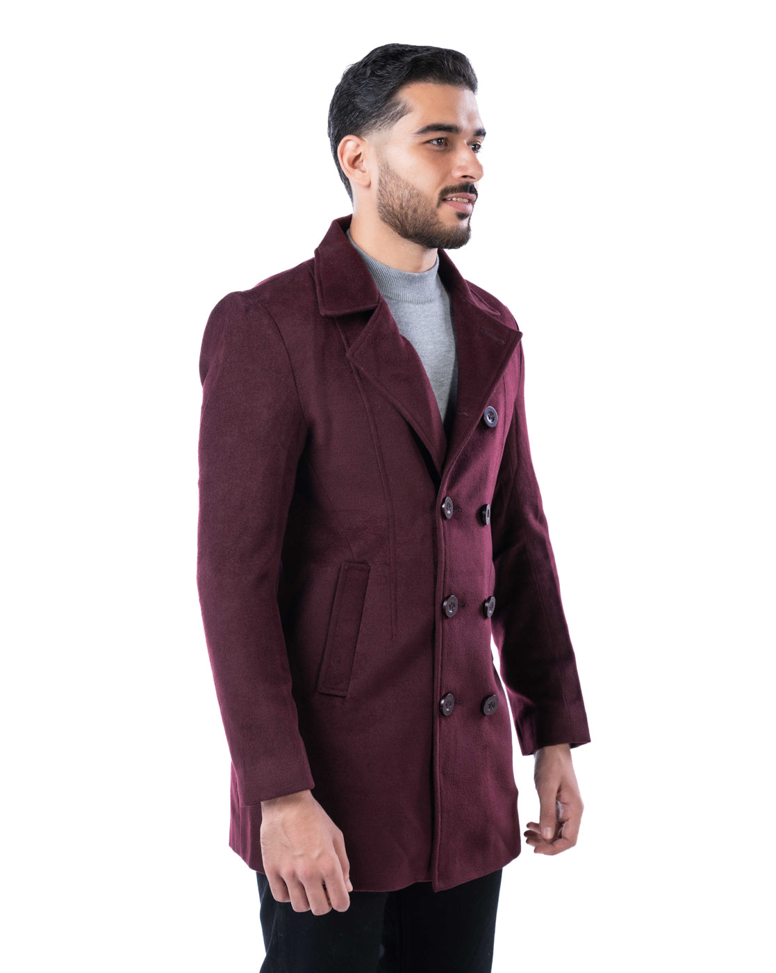 Men’s Wine Double-Breasted Polyester Blazer with Notched Lapel & Horn Buttons