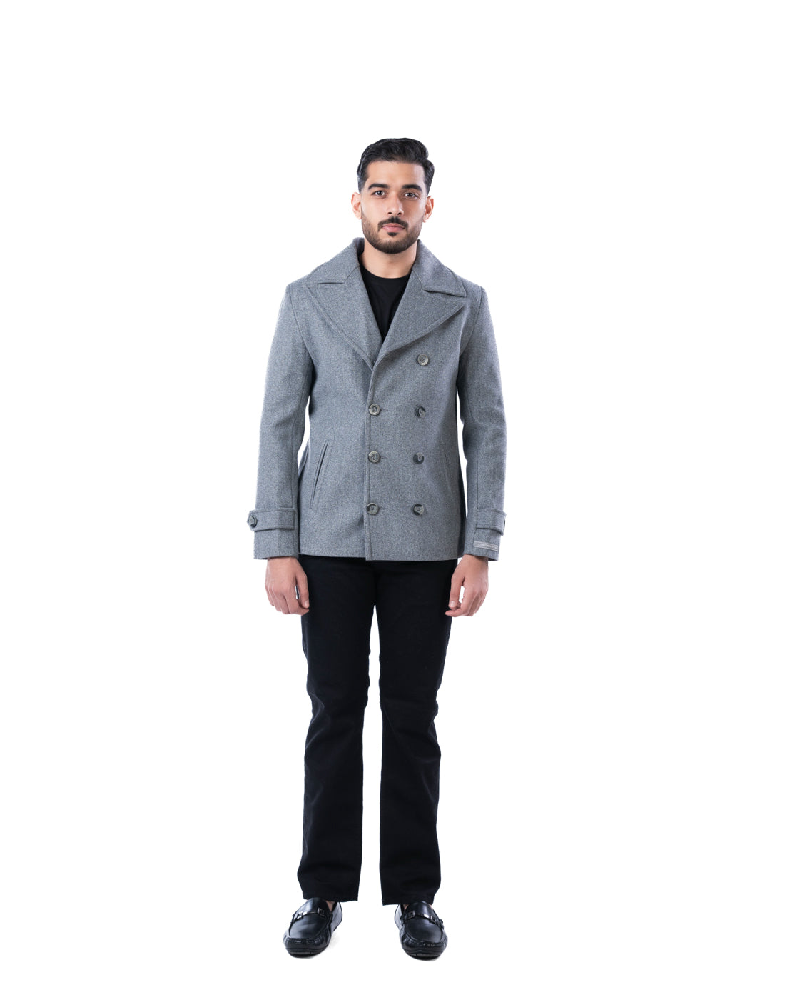 Men’s Light Grey Double-Breasted Blazer with Lapel Collar & Slant Pockets