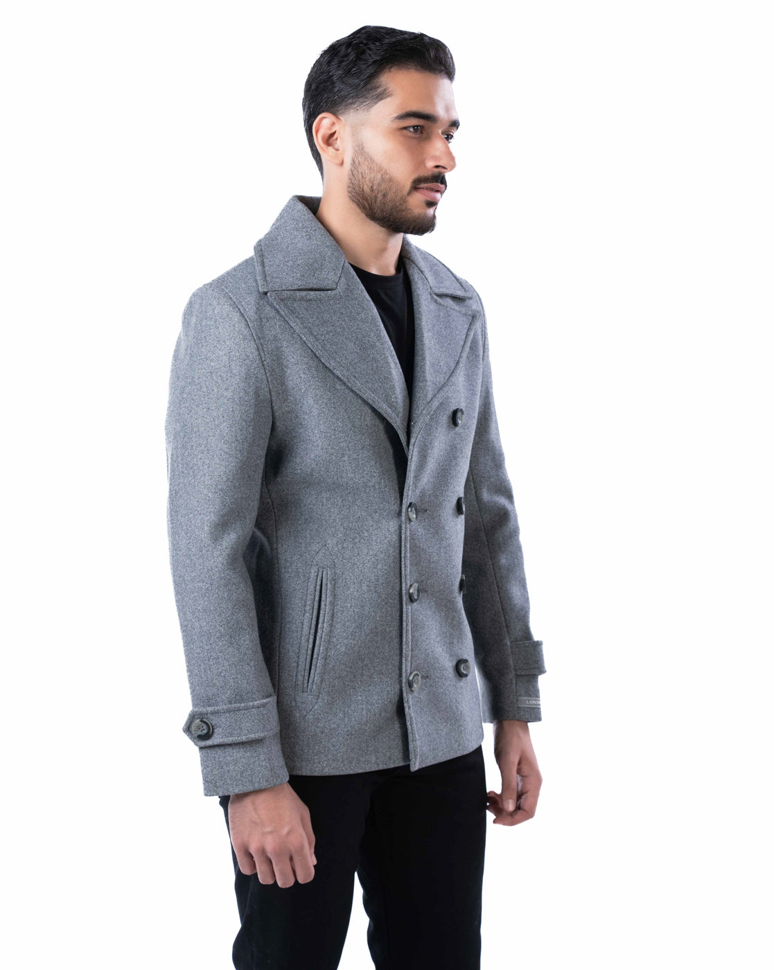 Men’s Light Grey Double-Breasted Blazer with Lapel Collar & Slant Pockets