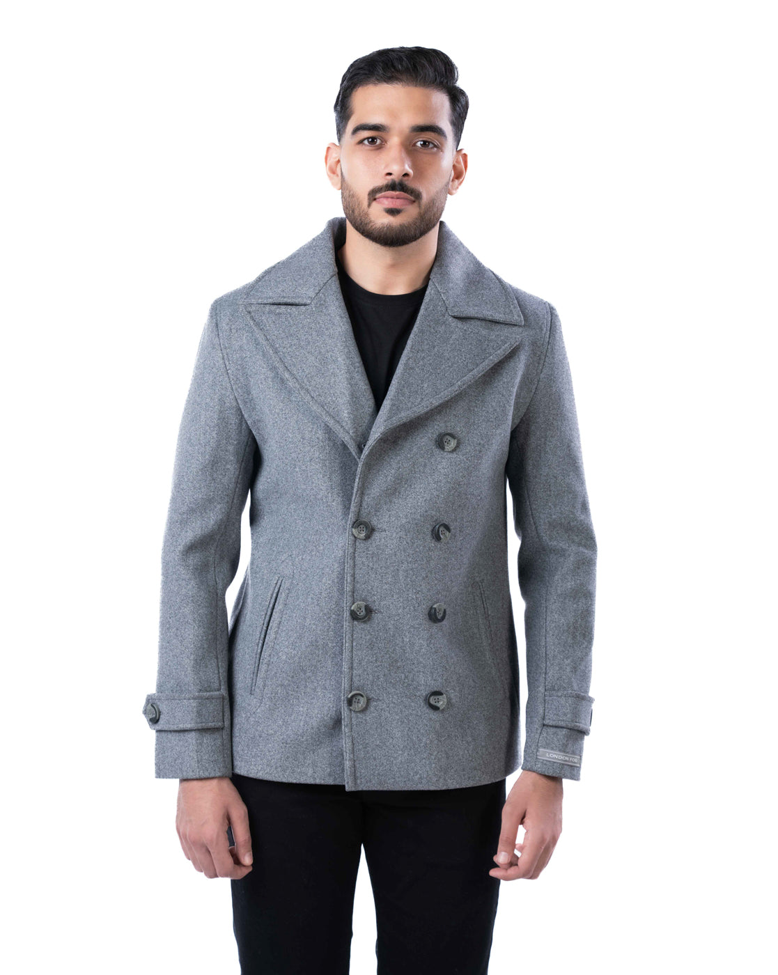Men’s Light Grey Double-Breasted Blazer with Lapel Collar & Slant Pockets