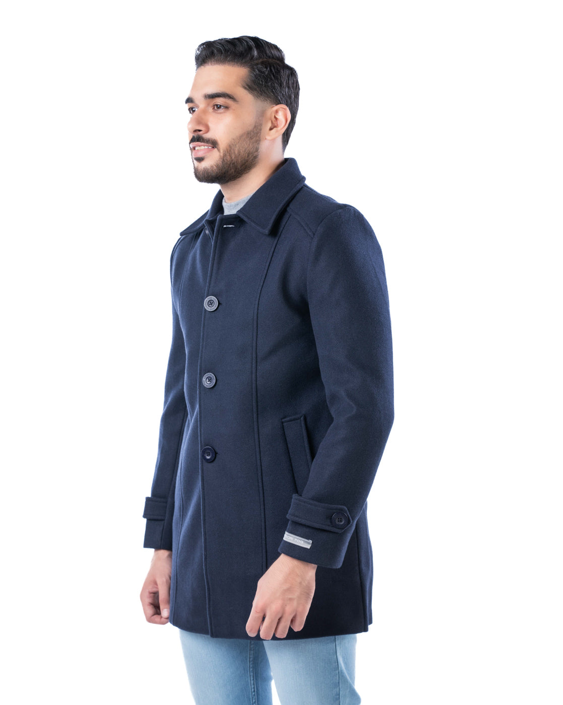 Men’s Black Hip-Length Double-Breasted Polyester Coat with Cutaway Collars & Sleeve Tabs
