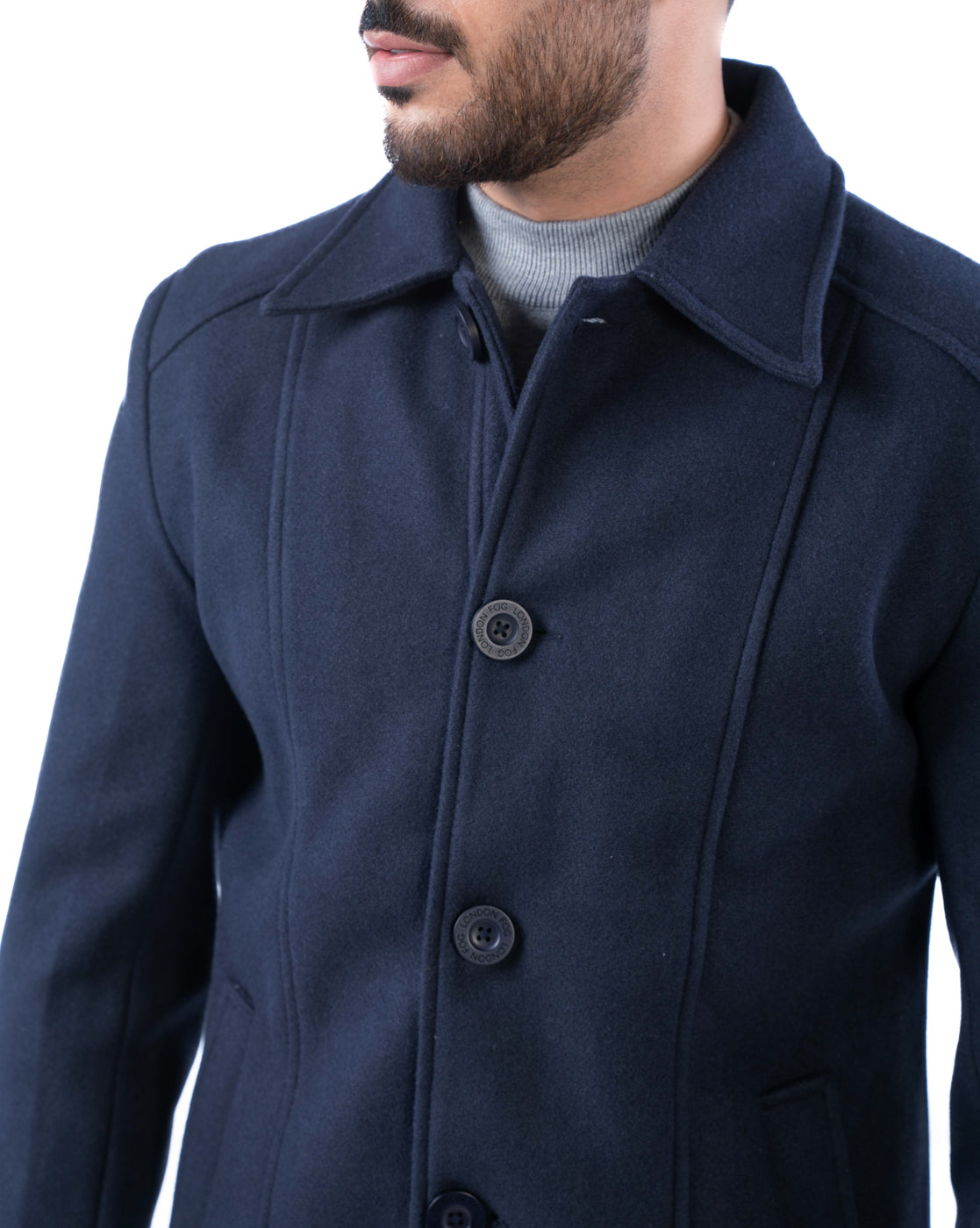 Men’s Black Hip-Length Double-Breasted Polyester Coat with Cutaway Collars & Sleeve Tabs