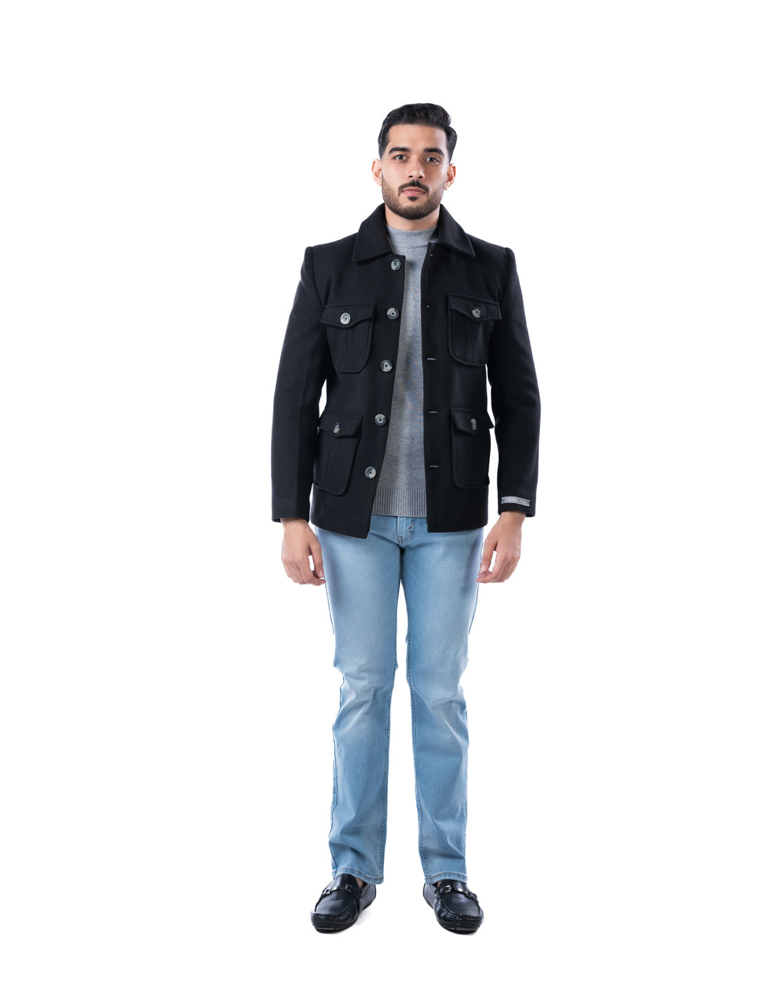 Men’s Black Short Double-Breasted Polyester Coat with Cutaway Collar & Pleated Flap Pockets