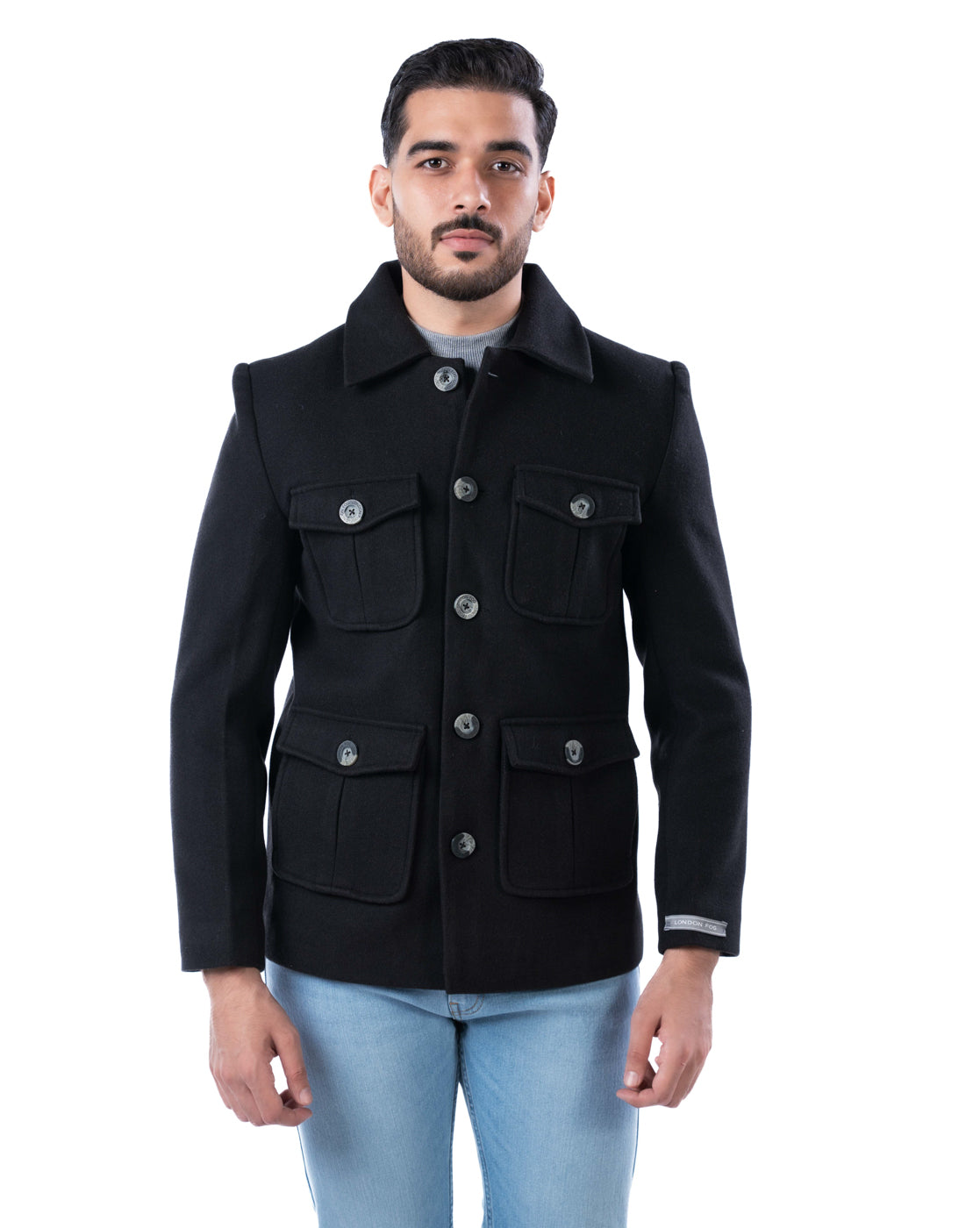 Men’s Black Short Double-Breasted Polyester Coat with Cutaway Collar & Pleated Flap Pockets