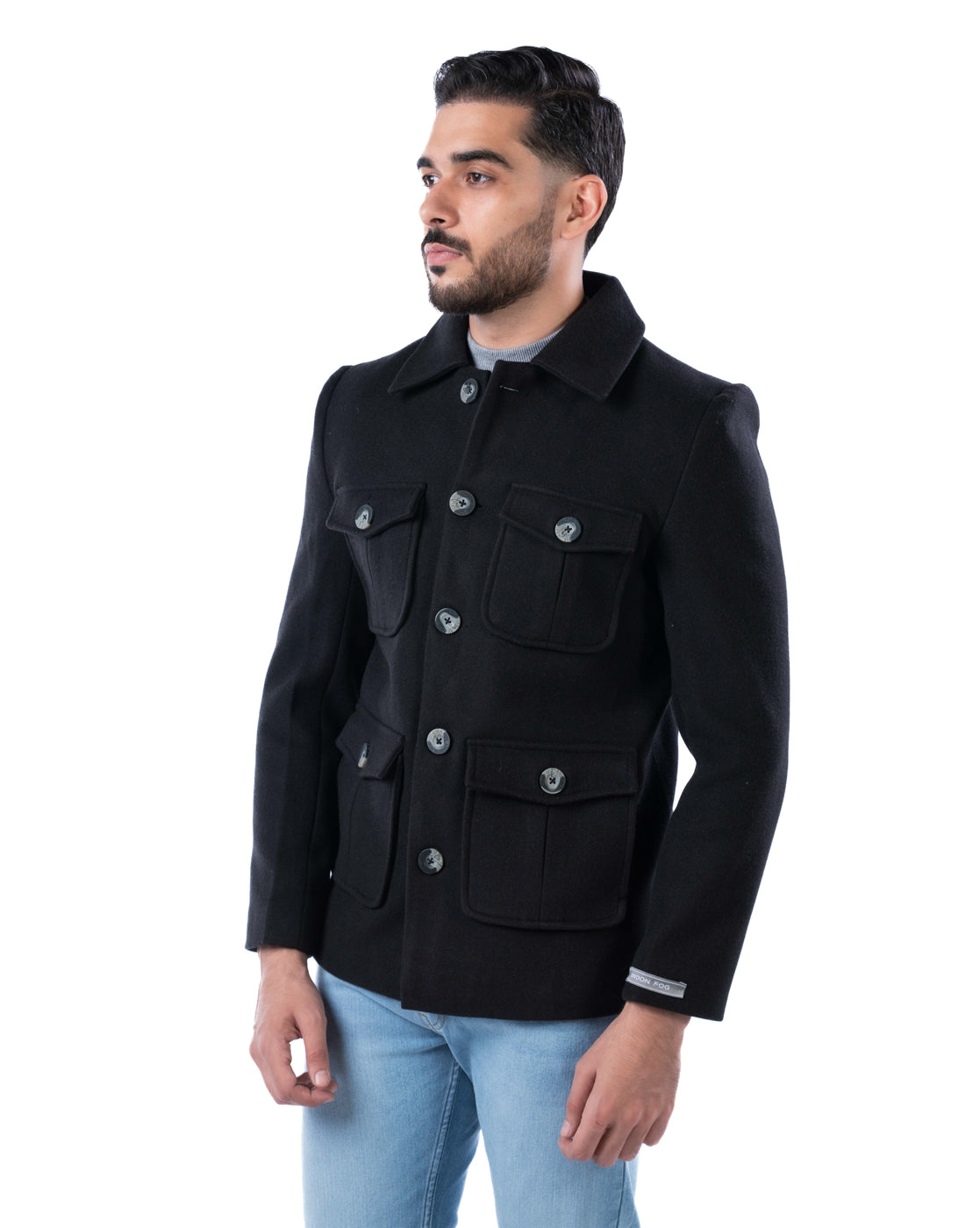 Men’s Black Short Double-Breasted Polyester Coat with Cutaway Collar & Pleated Flap Pockets