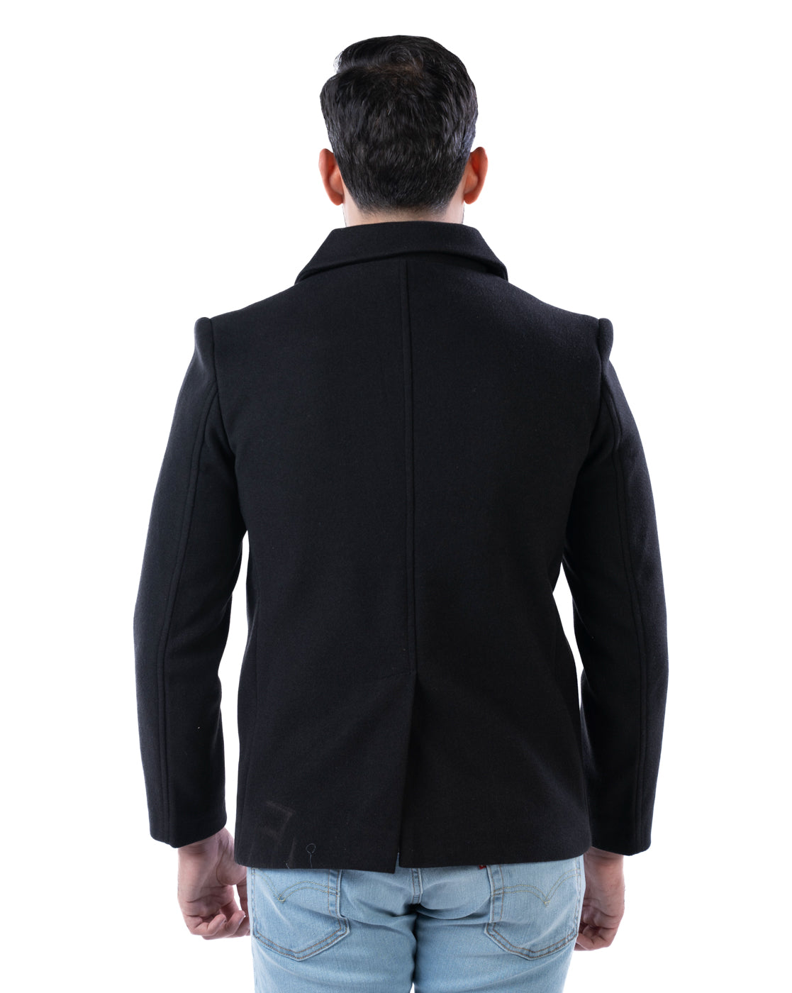 Men’s Black Short Double-Breasted Polyester Coat with Cutaway Collar & Pleated Flap Pockets
