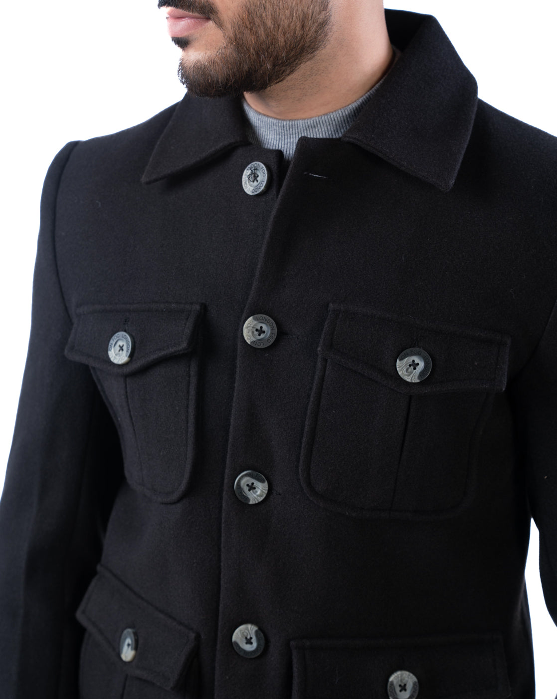 Men’s Black Short Double-Breasted Polyester Coat with Cutaway Collar & Pleated Flap Pockets