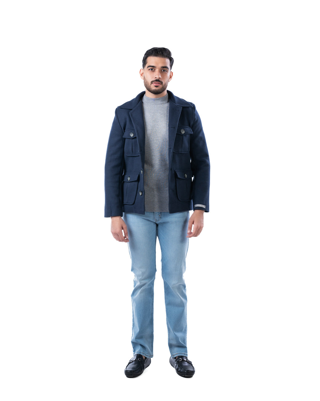 Men’s Navy Polyester Blazer with Lapel Collar & Pleated Flap Pockets