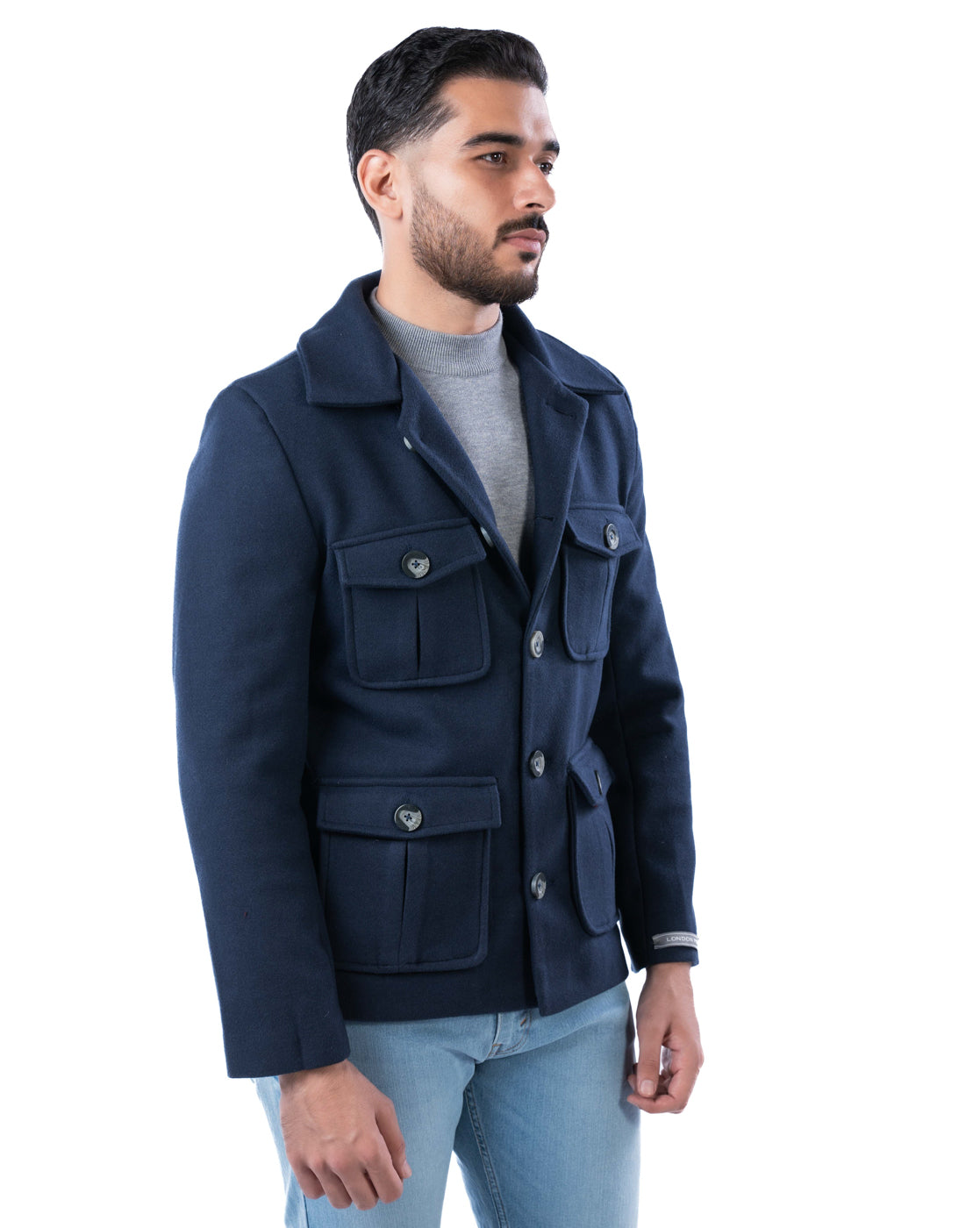 Men’s Navy Polyester Blazer with Lapel Collar & Pleated Flap Pockets