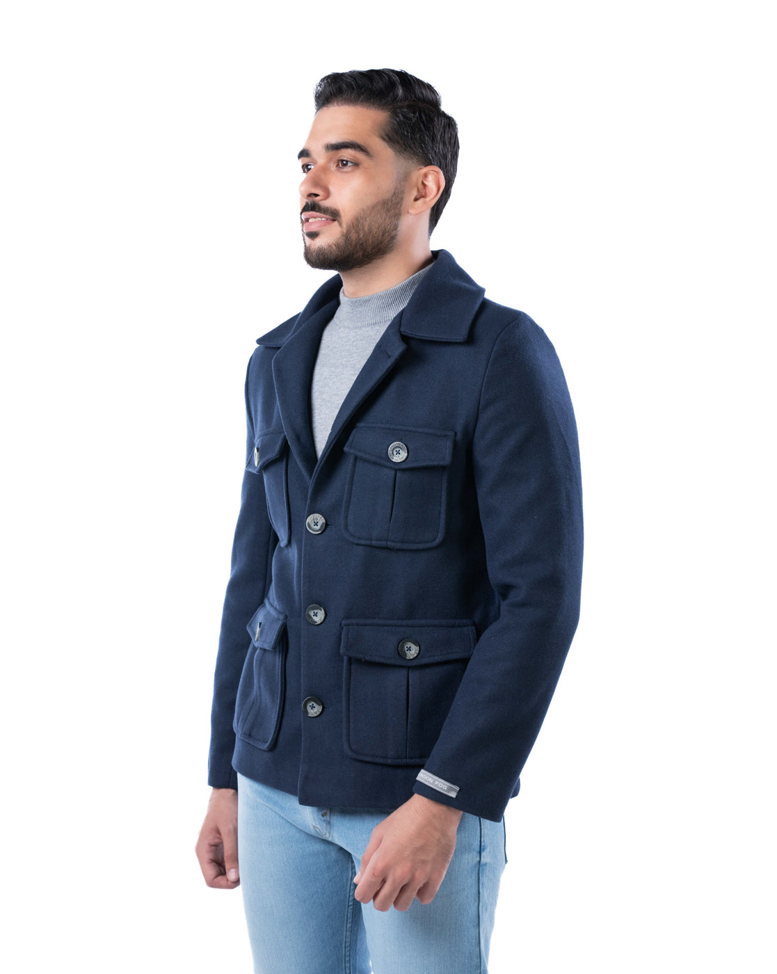 Men’s Navy Polyester Blazer with Lapel Collar & Pleated Flap Pockets