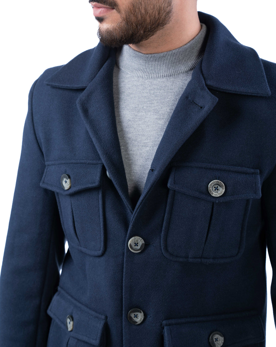Men’s Navy Polyester Blazer with Lapel Collar & Pleated Flap Pockets