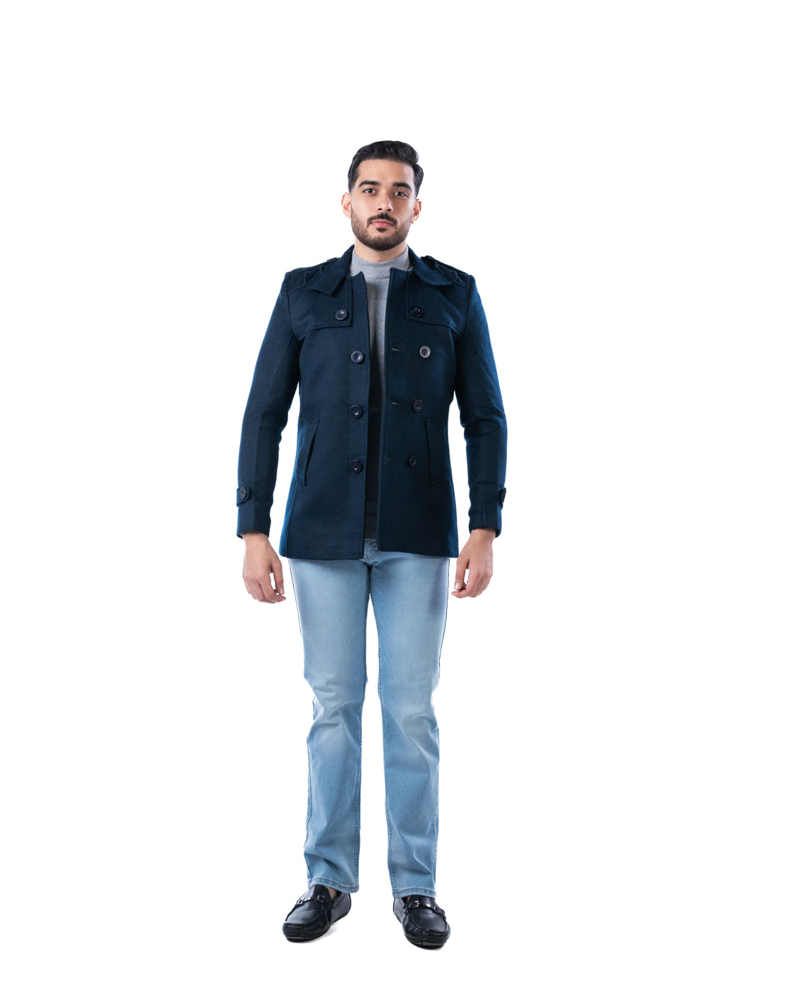Men’s Dark Navy Double-Breasted Polyester Blazer with Shoulder Epaulets and Check Lining