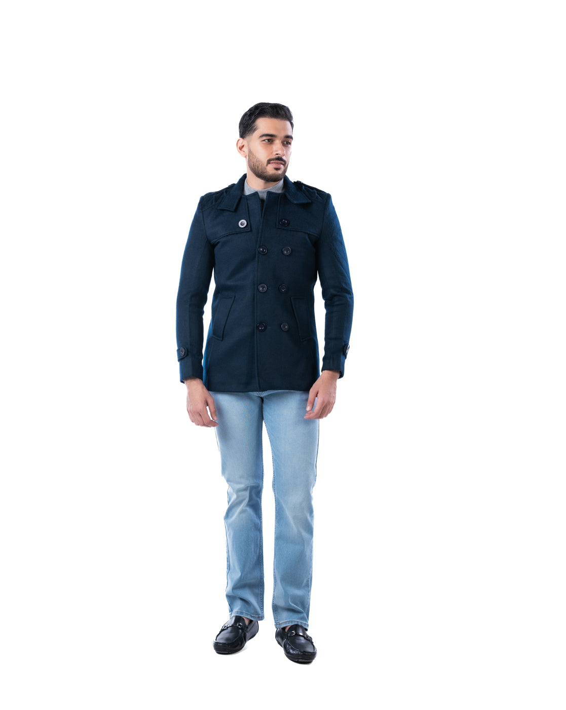 Men’s Dark Navy Double-Breasted Polyester Blazer with Shoulder Epaulets and Check Lining