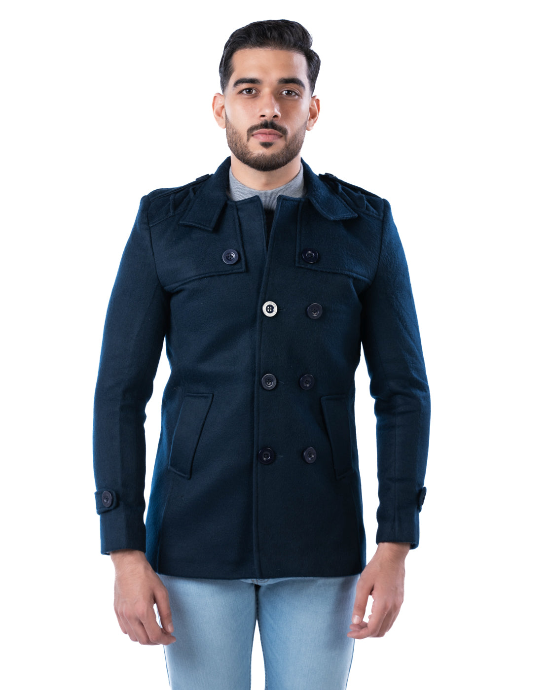Men’s Dark Navy Double-Breasted Polyester Blazer with Shoulder Epaulets and Check Lining