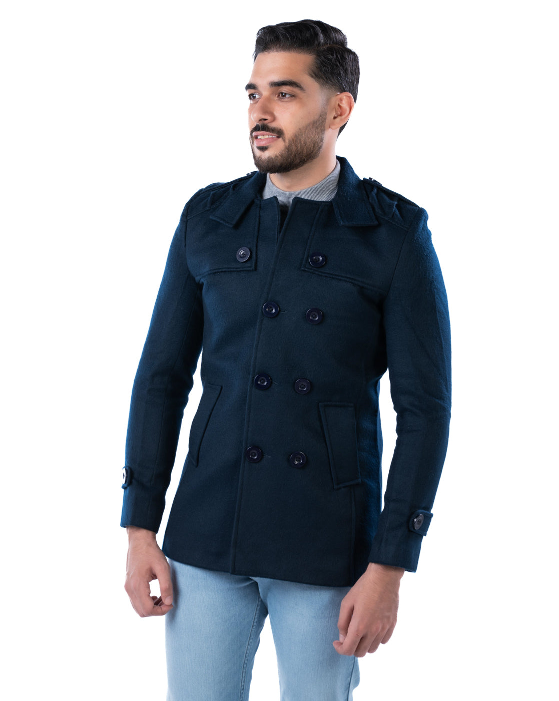 Men’s Dark Navy Double-Breasted Polyester Blazer with Shoulder Epaulets and Check Lining
