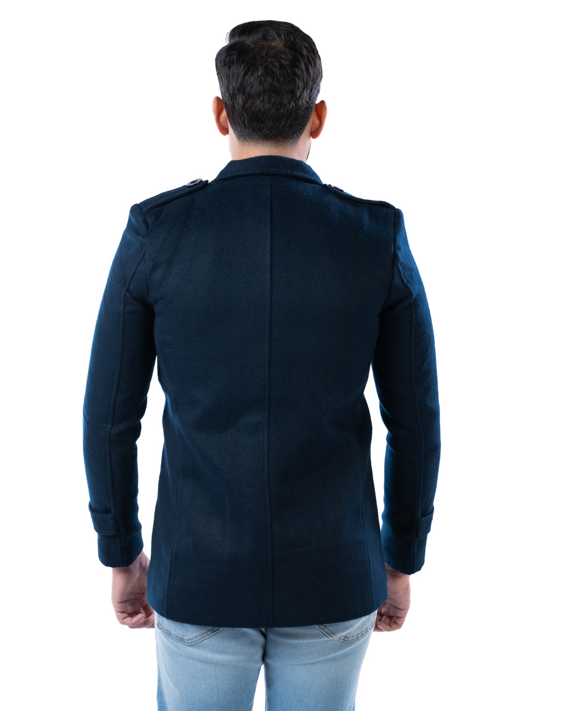 Men’s Dark Navy Double-Breasted Polyester Blazer with Shoulder Epaulets and Check Lining