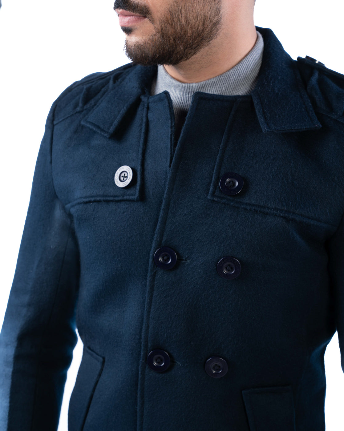 Men’s Dark Navy Double-Breasted Polyester Blazer with Shoulder Epaulets and Check Lining