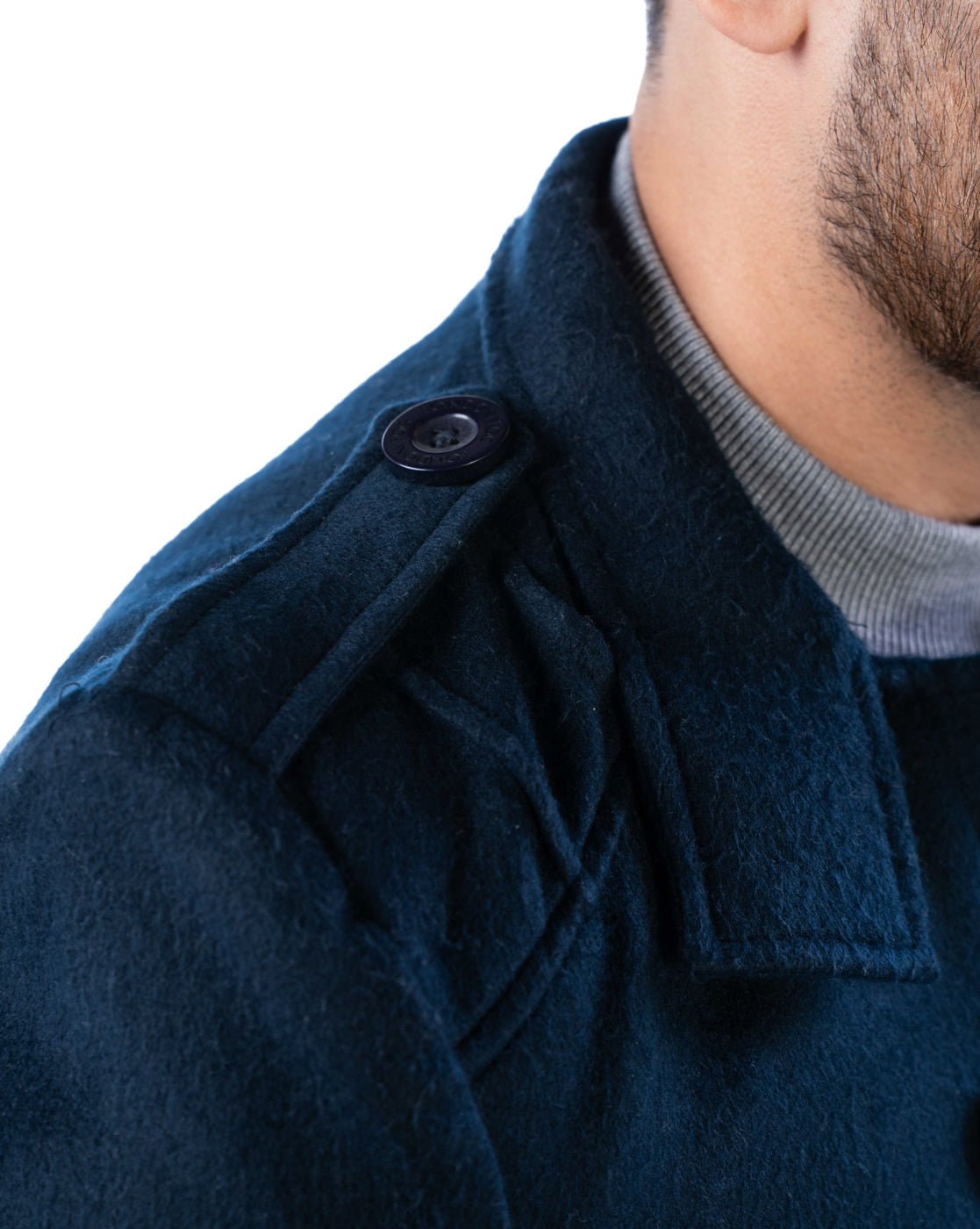 Men’s Dark Navy Double-Breasted Polyester Blazer with Shoulder Epaulets and Check Lining