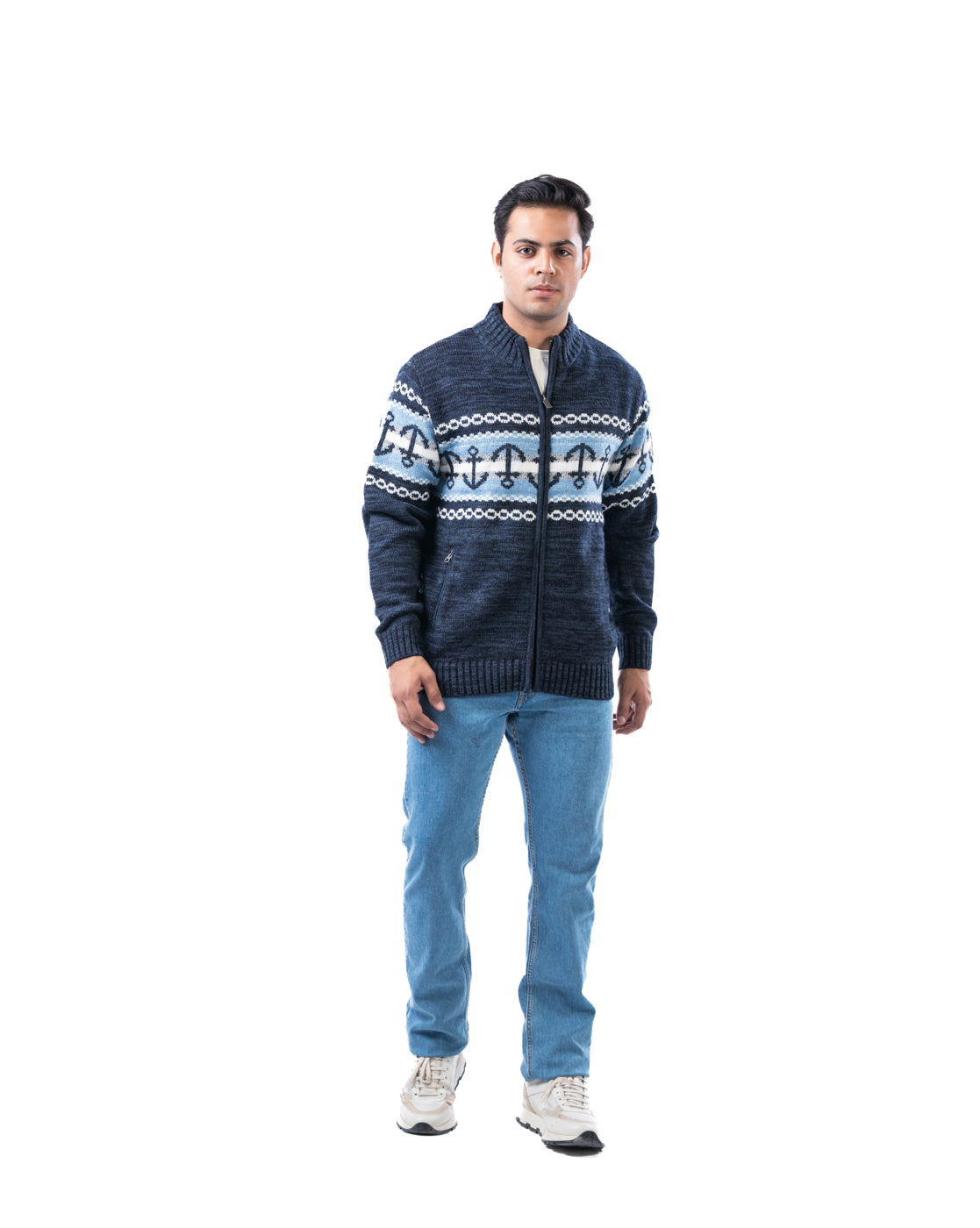Men’s Dark Blue Acrowool Zipper Cardigan with Branded Pullers