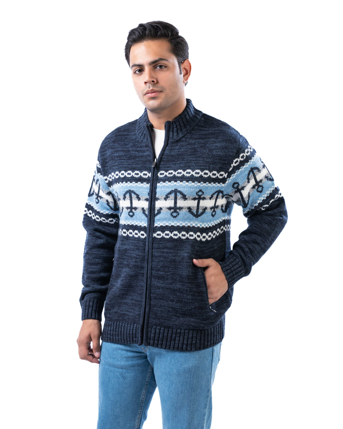 Men’s Dark Blue Acrowool Zipper Cardigan with Branded Pullers