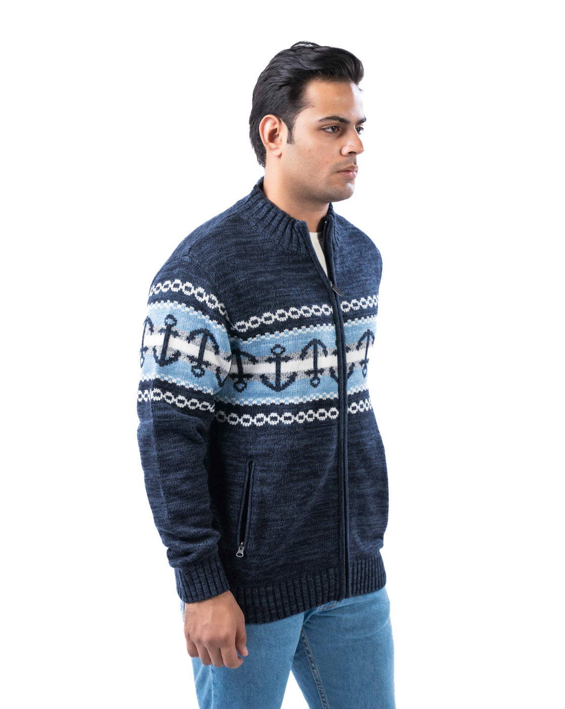 Men’s Dark Blue Acrowool Zipper Cardigan with Branded Pullers