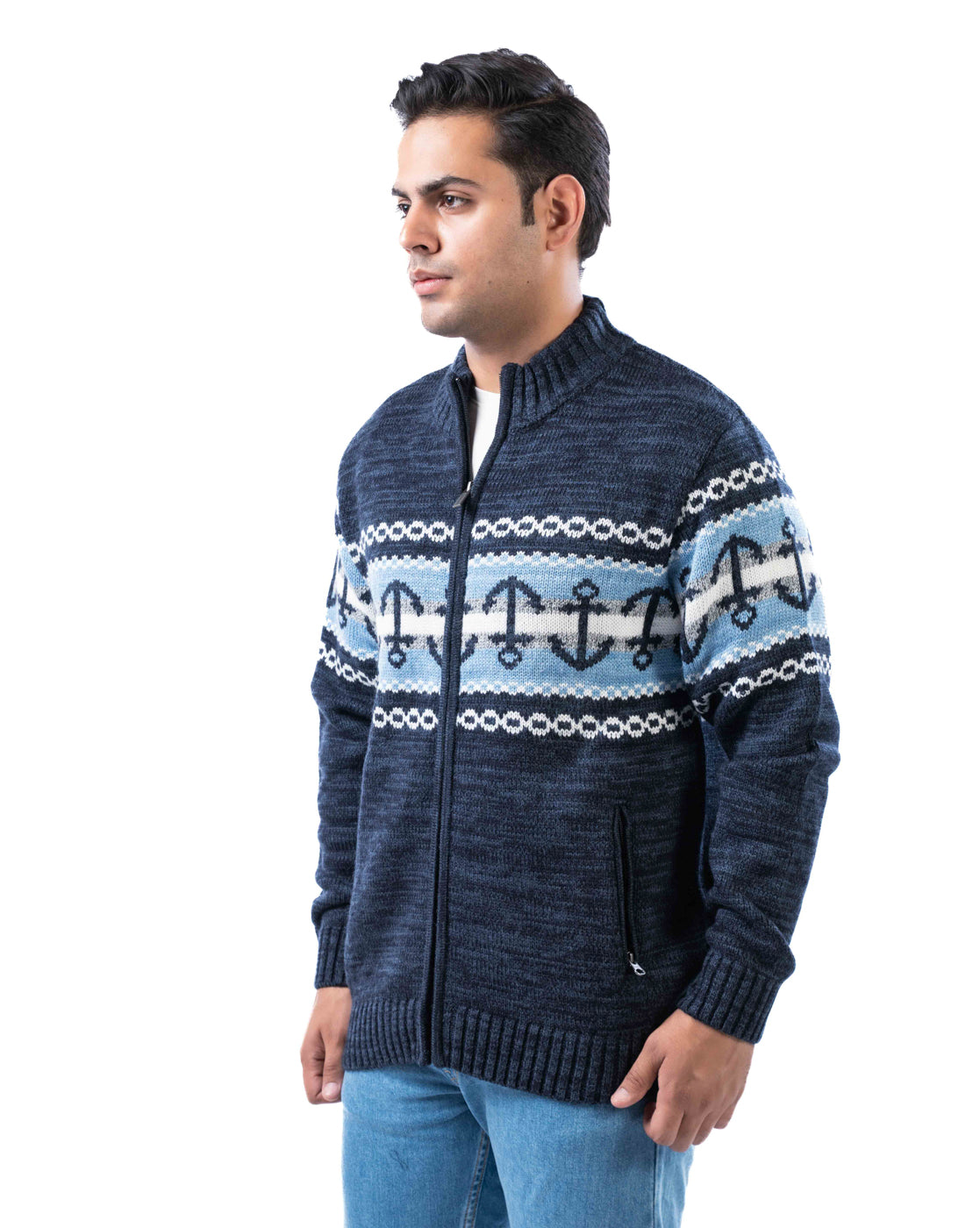 Men’s Dark Blue Acrowool Zipper Cardigan with Branded Pullers