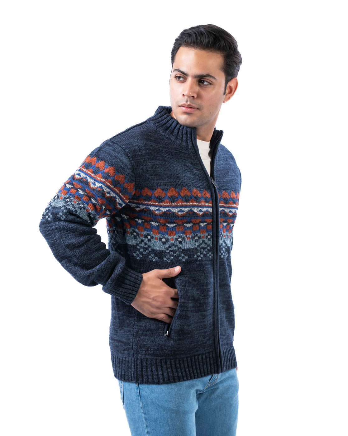 Men’s Dark Blue Acrowool Zipper Cardigan with Pockets