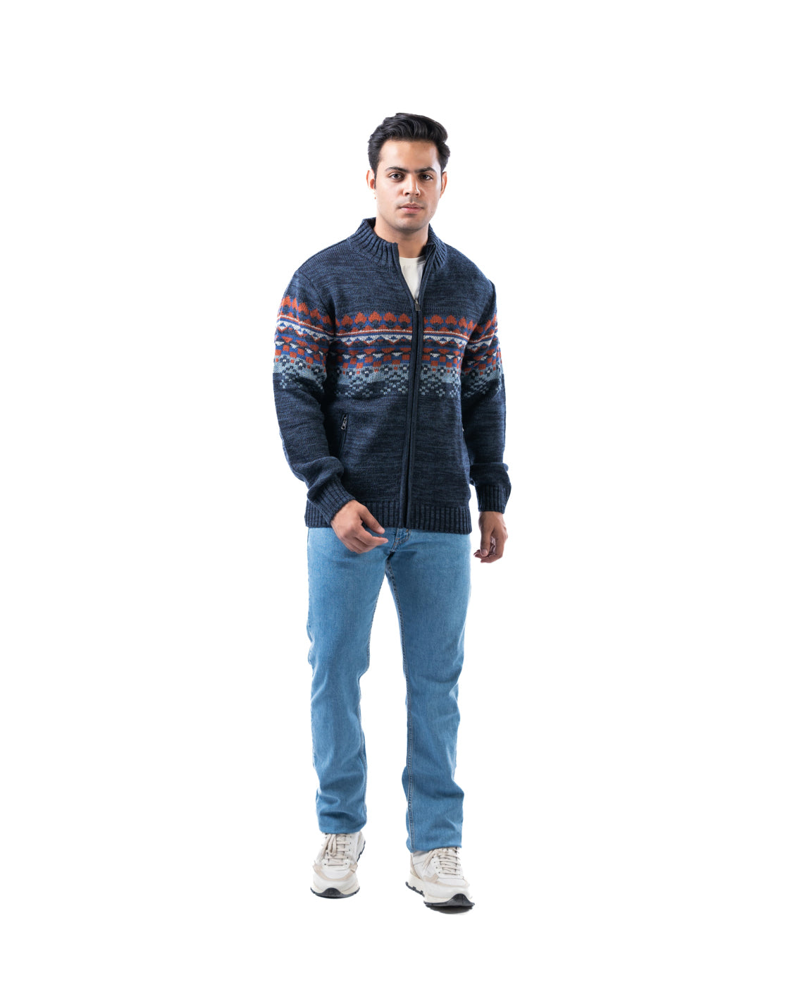 Men’s Dark Blue Acrowool Zipper Cardigan with Pockets
