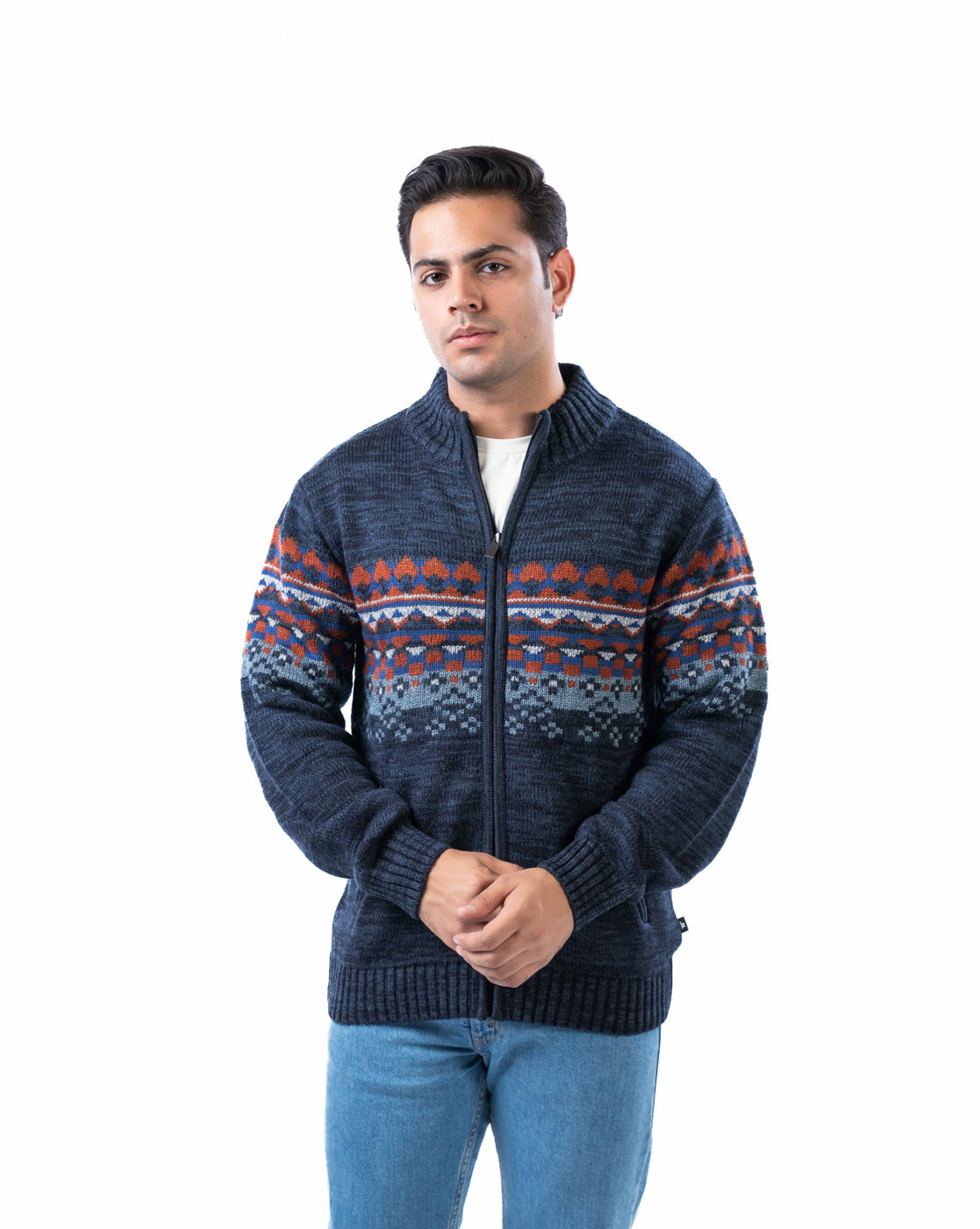 Men’s Dark Blue Acrowool Zipper Cardigan with Pockets