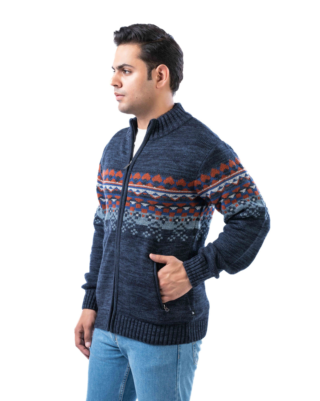 Men’s Dark Blue Acrowool Zipper Cardigan with Pockets