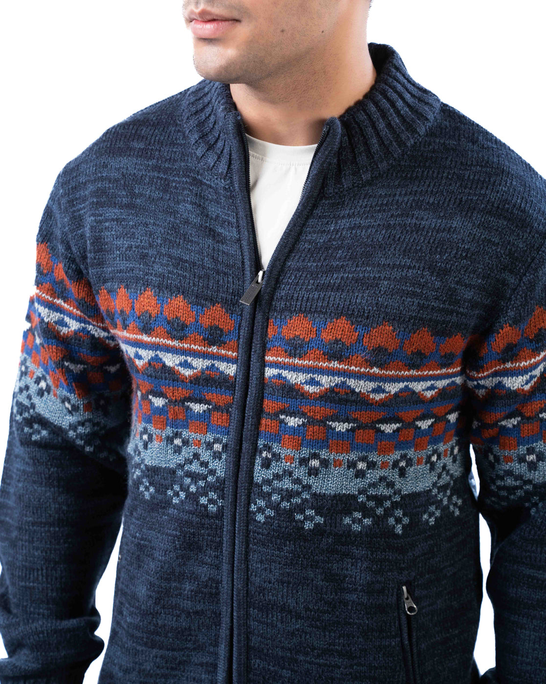 Men’s Dark Blue Acrowool Zipper Cardigan with Pockets