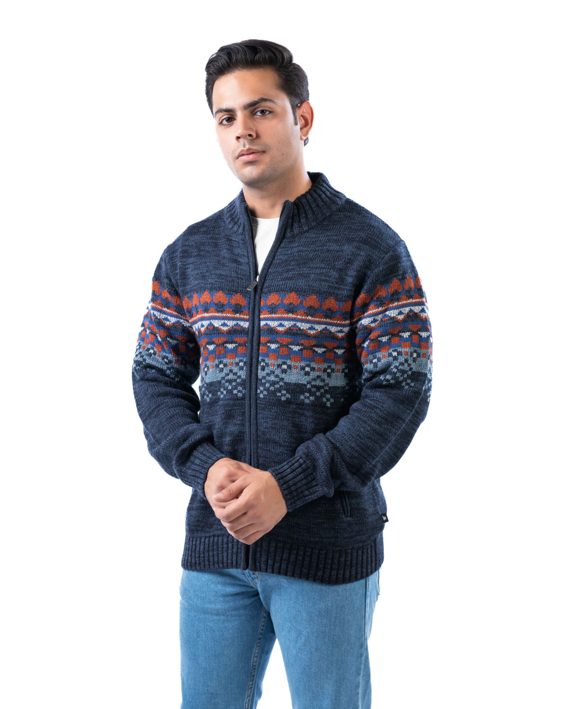 Men’s Dark Blue Acrowool Zipper Cardigan with Pockets