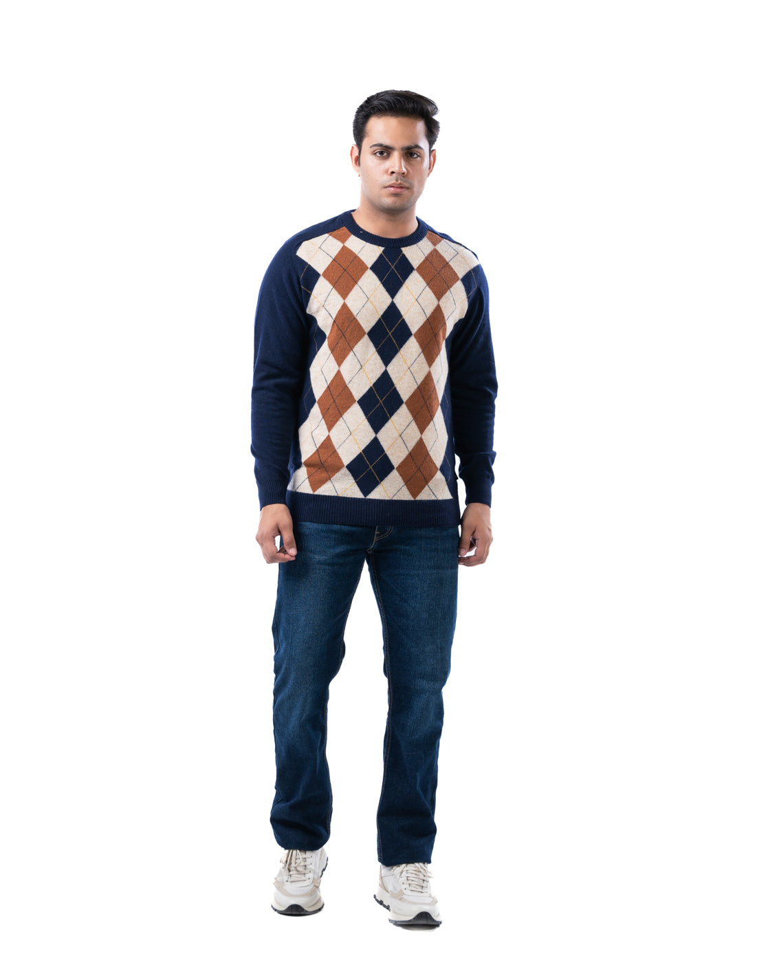 Men’s Dark Blue Lambswool Argyle Sweater with Crew Neck