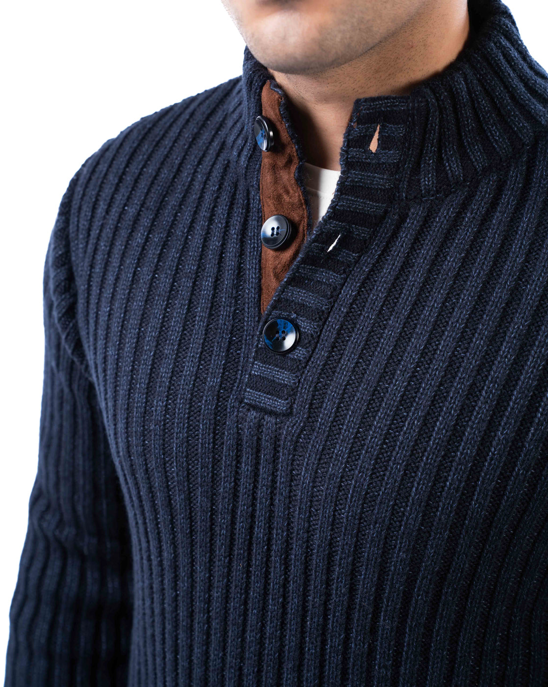 Men’s Dark Blue Ribbed Acrowool Sweater with Half Button Placket
