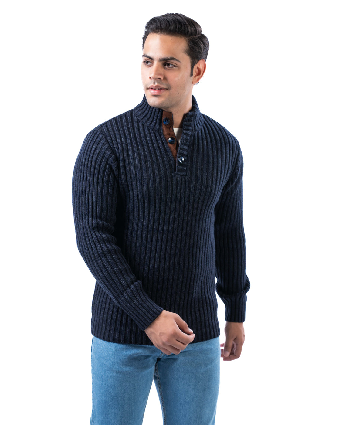 Men’s Dark Blue Ribbed Acrowool Sweater with Half Button Placket
