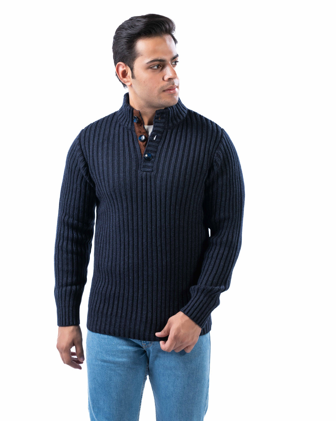 Men’s Dark Blue Ribbed Acrowool Sweater with Half Button Placket