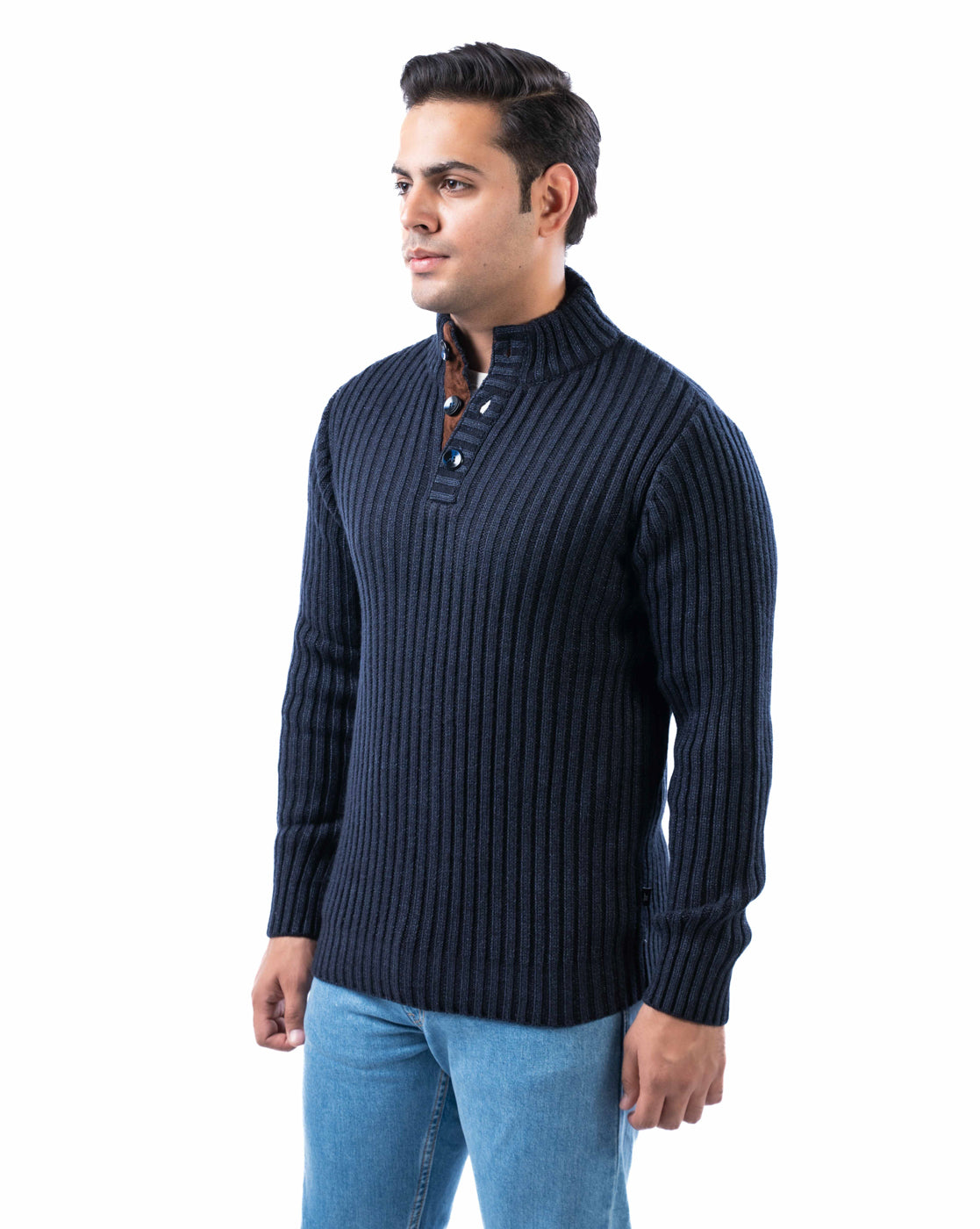 Men’s Dark Blue Ribbed Acrowool Sweater with Half Button Placket