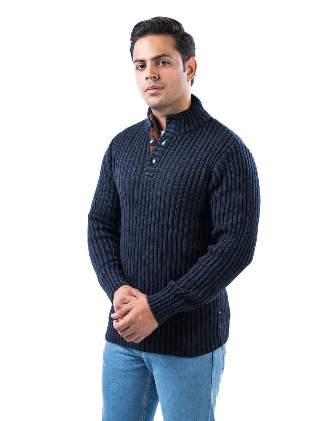 Men’s Dark Blue Ribbed Acrowool Sweater with Half Button Placket