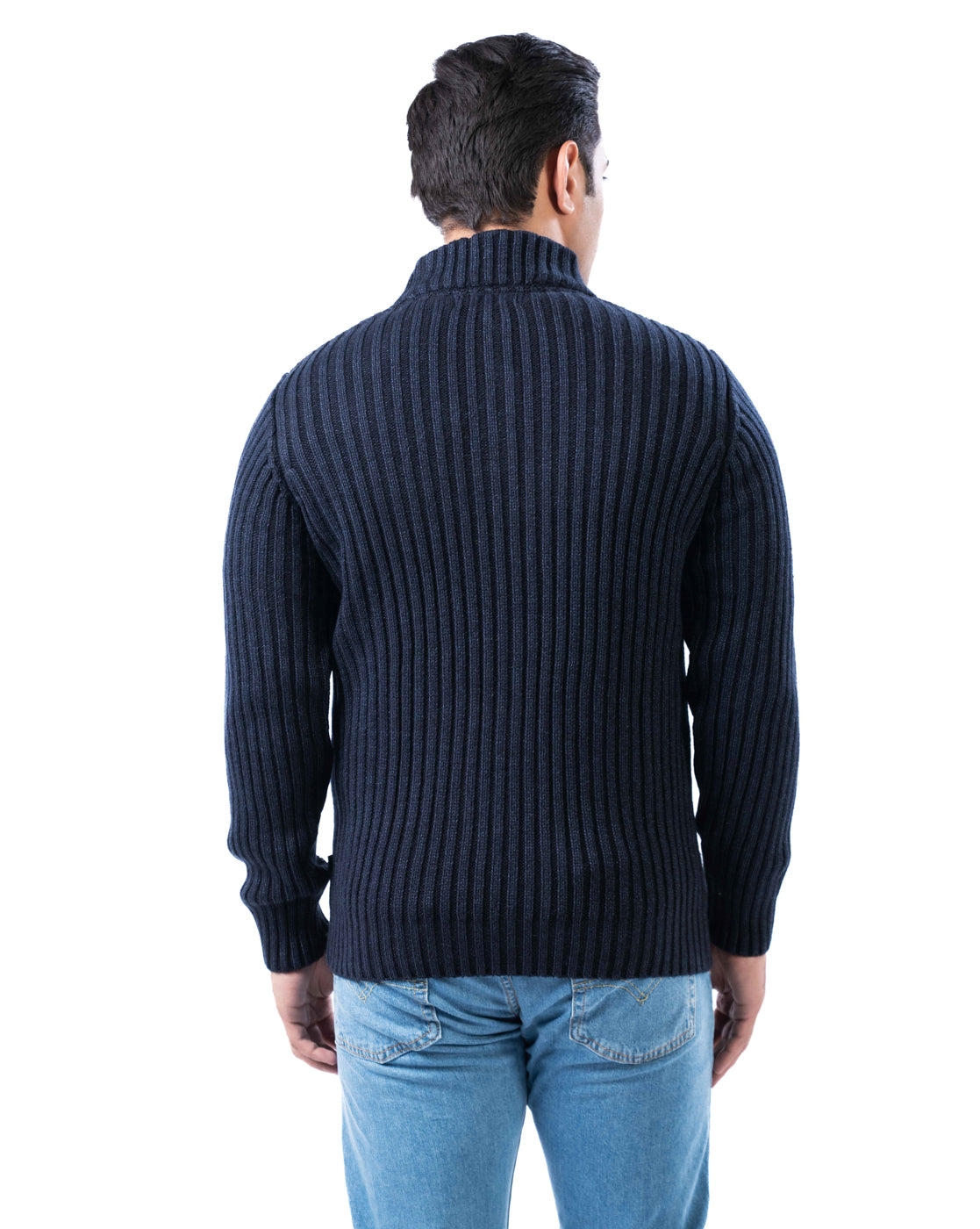 Men’s Dark Blue Ribbed Acrowool Sweater with Half Button Placket