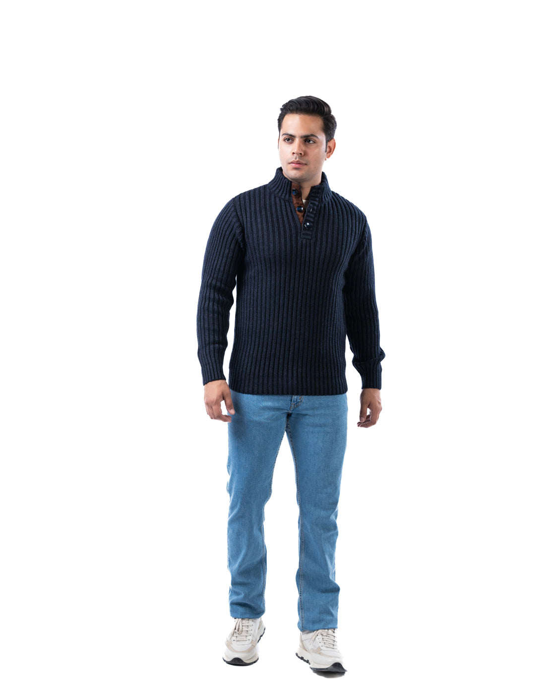 Men’s Dark Blue Ribbed Acrowool Sweater with Half Button Placket