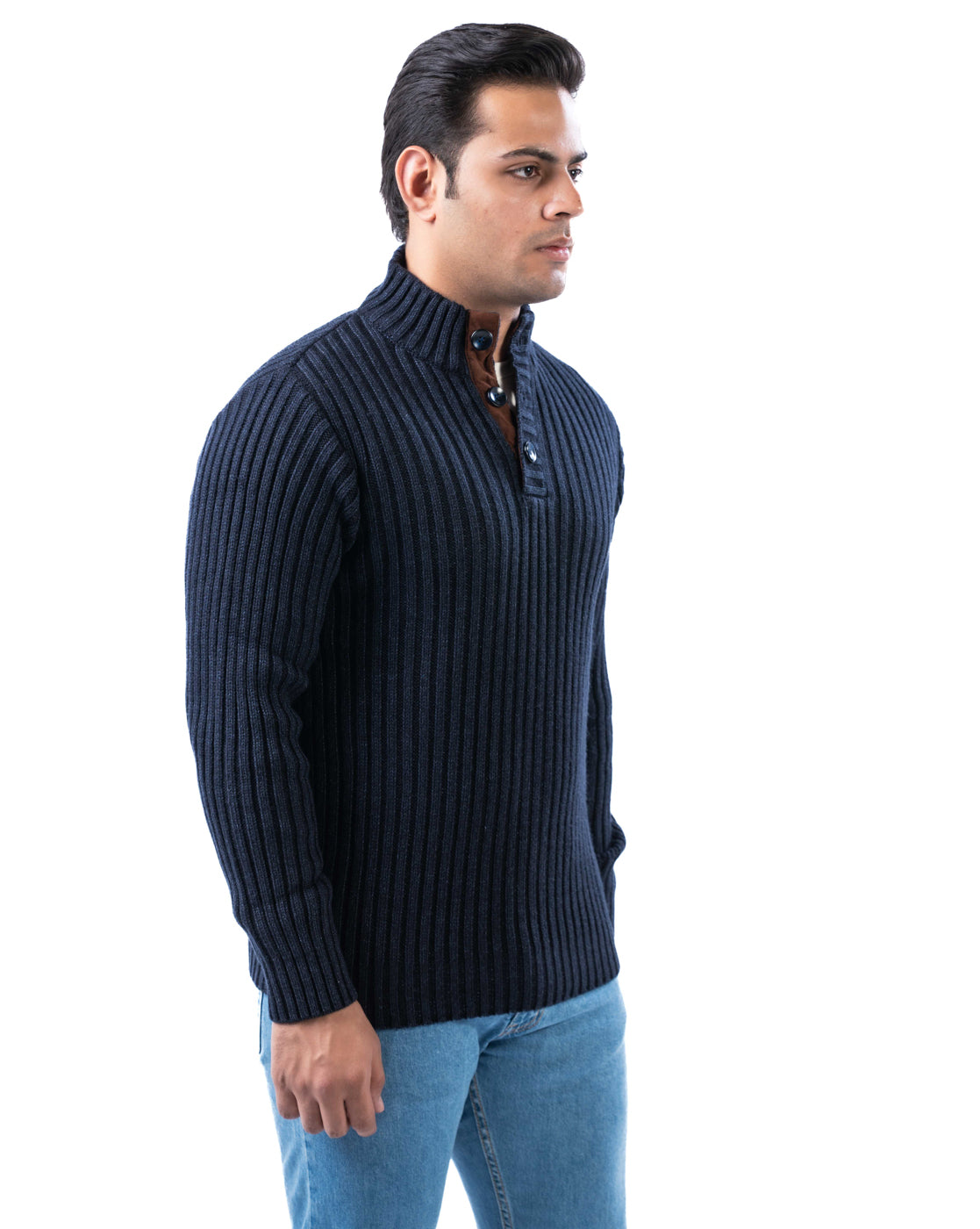 Men’s Dark Blue Ribbed Acrowool Sweater with Half Button Placket