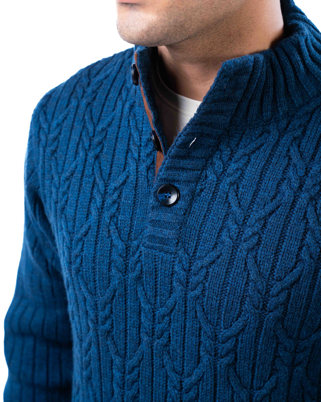 Men’s Dark Blue Self-Design Acrowool Sweater with Half Button Placket