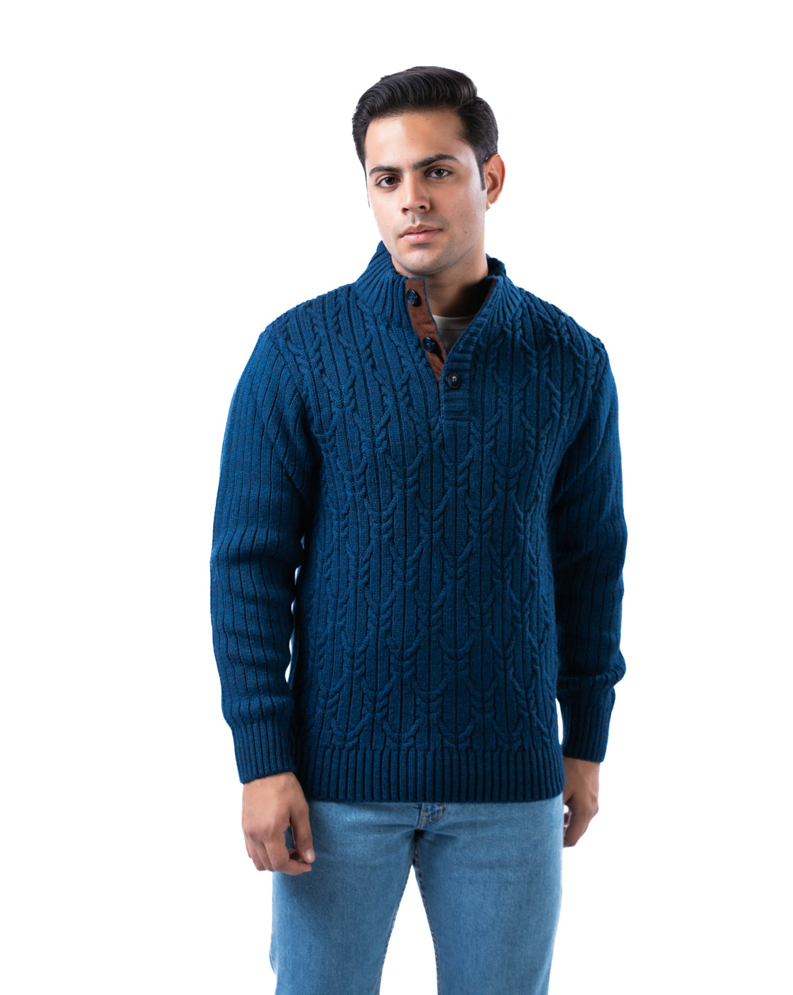 Men’s Dark Blue Self-Design Acrowool Sweater with Half Button Placket